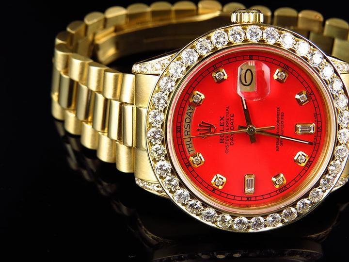 Rolex President Date Just Ladies 18K Yellow Gold 26MM w/Red Diamond Dial & Bezel - Obeezi.com