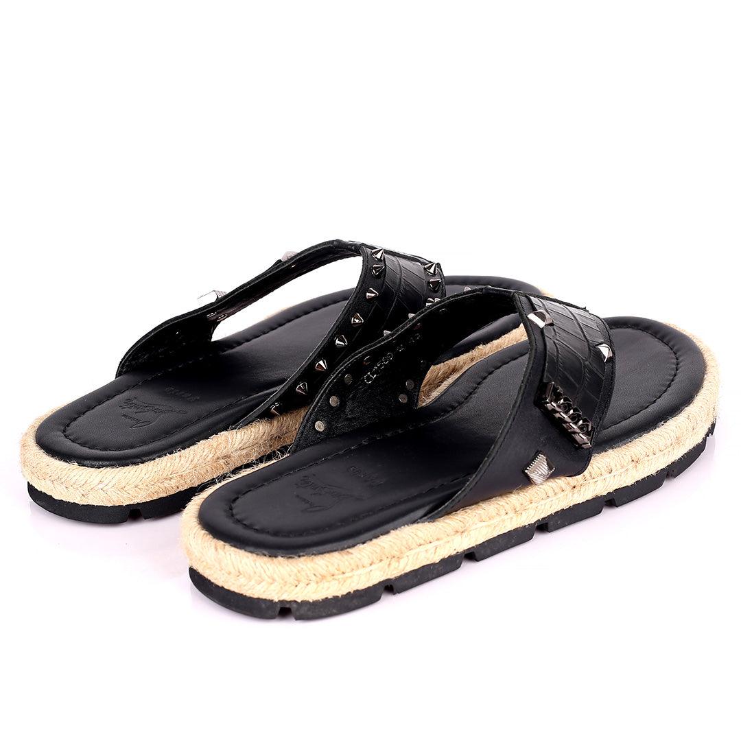 Salv Spike And Cow Hide Designed Original Leather Slippers - Black - Obeezi.com