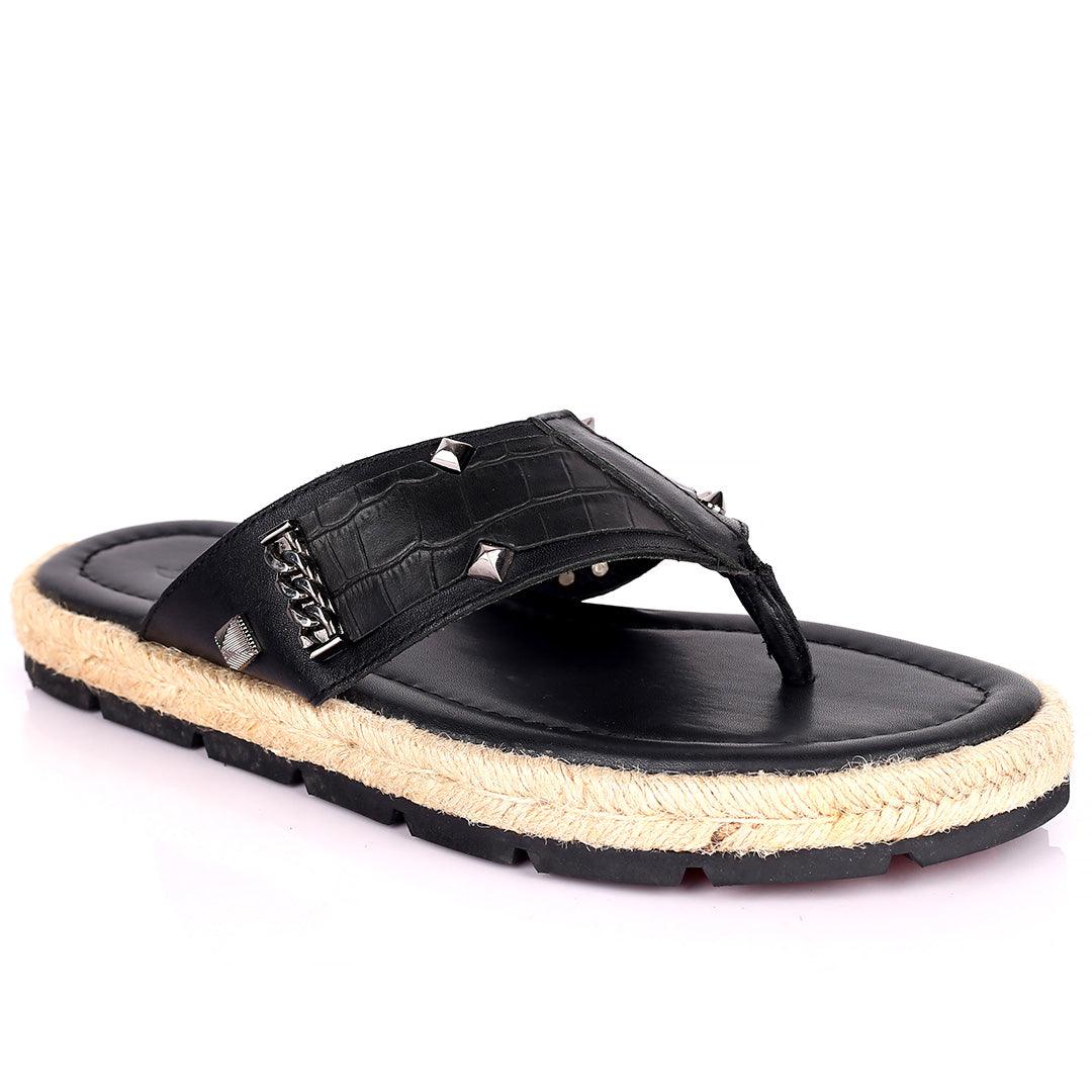 Salv Spike And Cow Hide Designed Original Leather Slippers - Black - Obeezi.com
