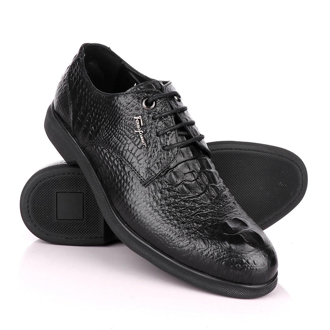 Salvatore Ferragamo Black Crocodile Leather Derby Laced Shoe - Obeezi.com