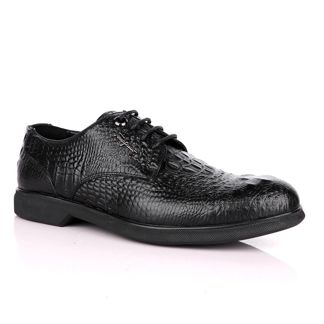 Salvatore Ferragamo Black Crocodile Leather Derby Laced Shoe - Obeezi.com