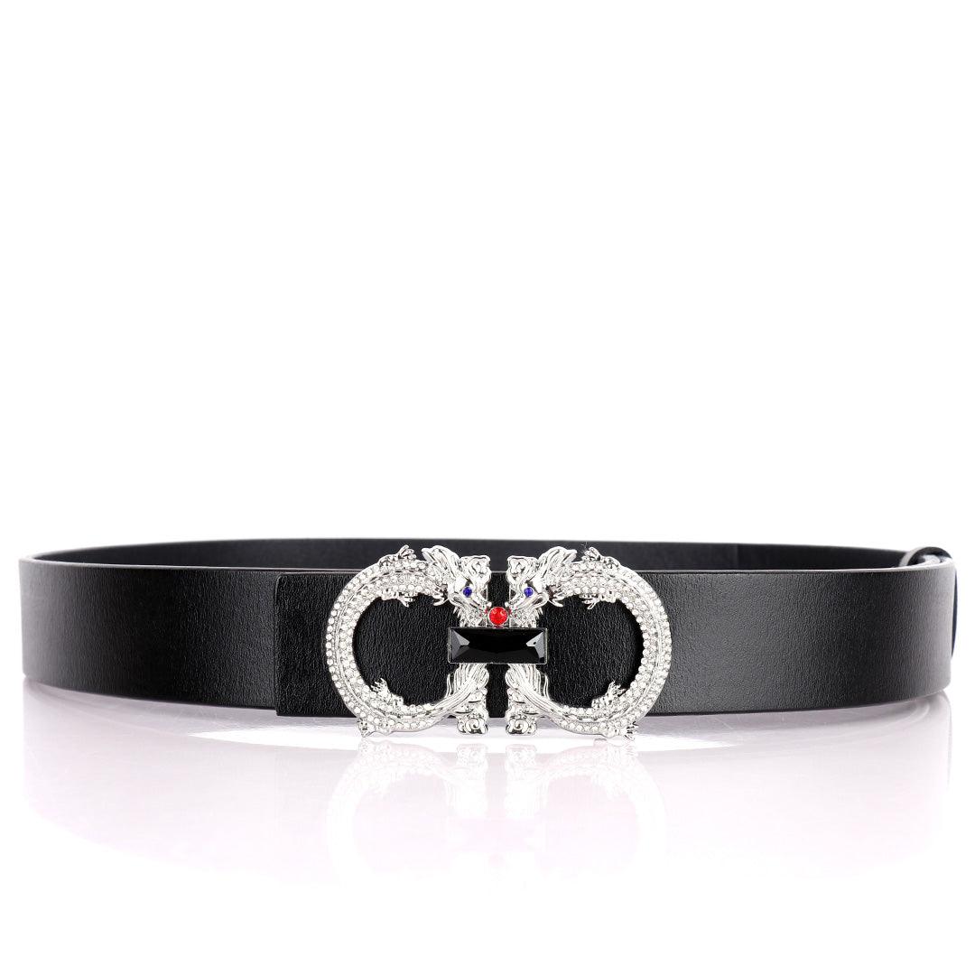 Salvatore Ferragamo Black Crystal Silver Dragon Designed Men's Leather Black Belt - Obeezi.com