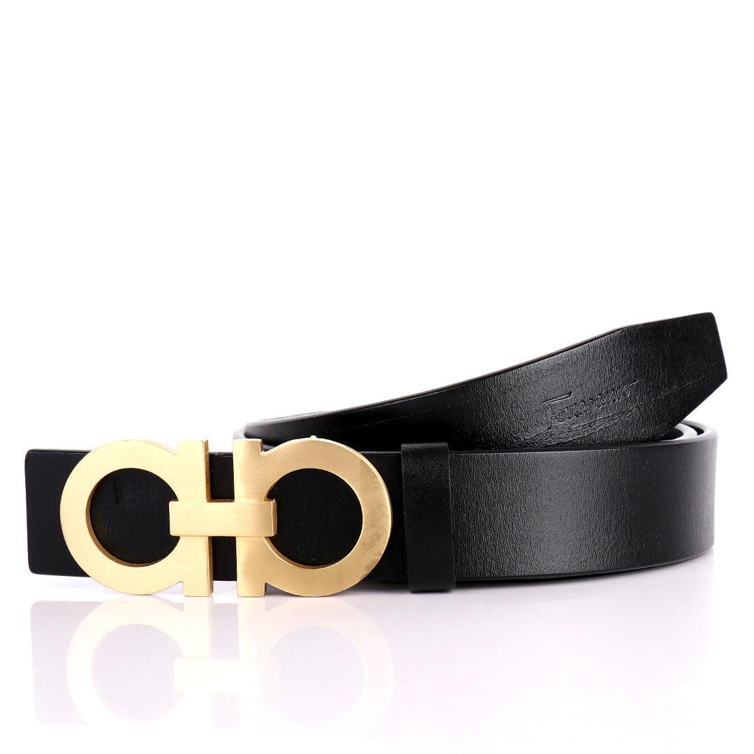 Salvatore Ferragamo Gold Designed Men's Leather Black Belt - Obeezi.com