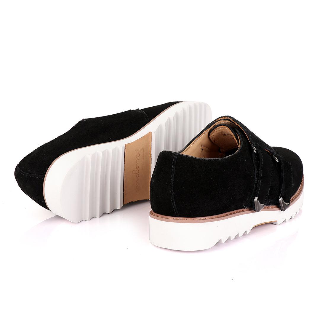 Salvatore Ferragamo Men's Black Suede Shoes with Double Buckle - Obeezi.com