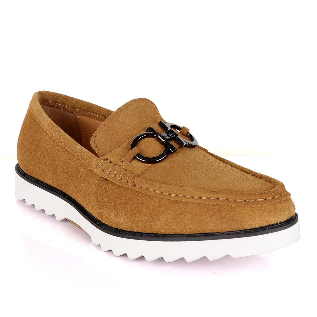 Salvatore Ferragamo Men's Suede Loafer Shoe With Front Logo-Apricot - Obeezi.com