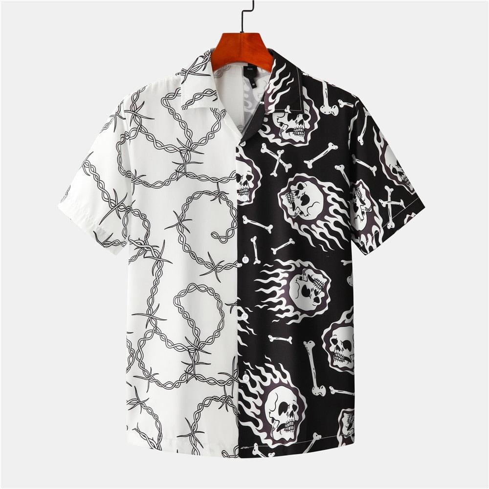 Short Sleeves Firey Skullie Casual Men's HAWAIIWA Shirt- Black White - Obeezi.com