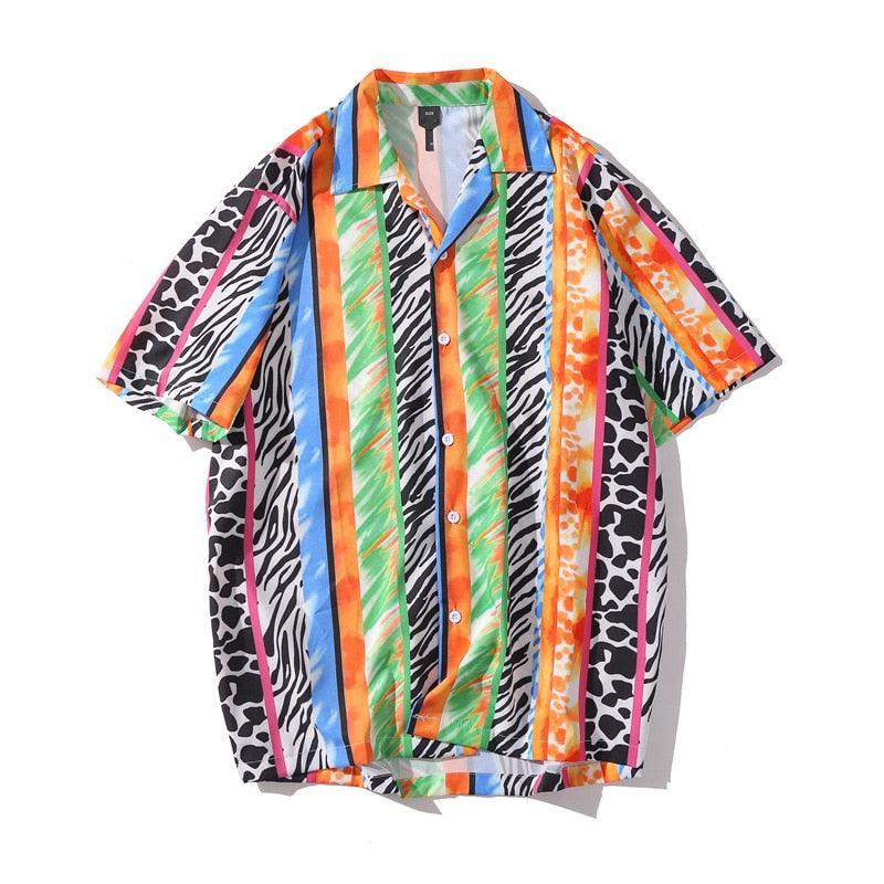 Short Sleeves Leopard Striped Casual Men's Hawaiian Shirts - Obeezi.com