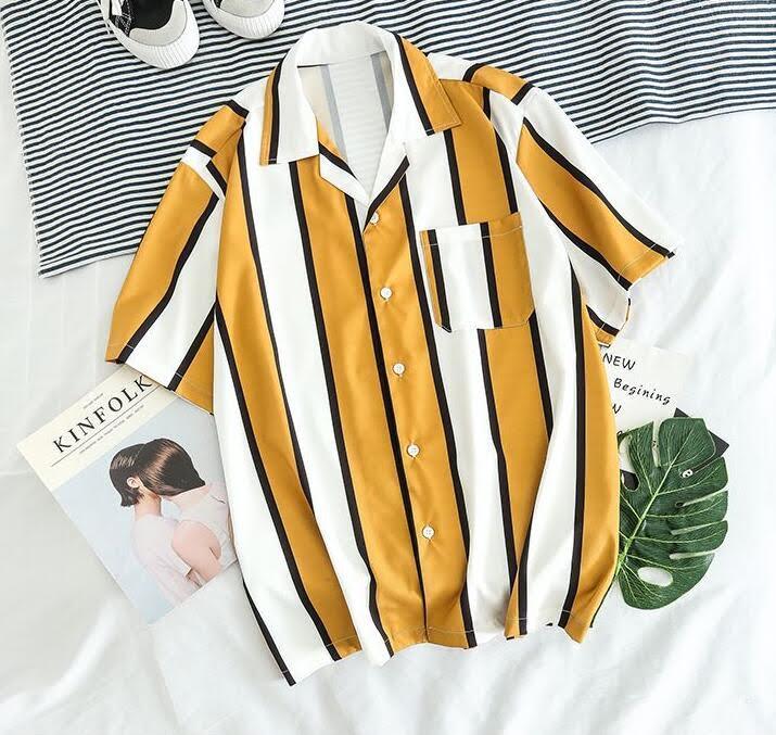Short Sleeves Stripes Print Casual Mens Hawaiian Shirt- Brown - Obeezi.com