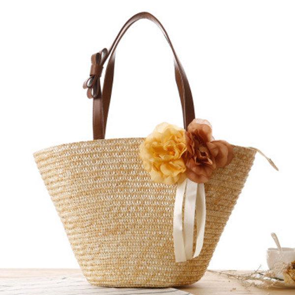 Straw Summer Beach Bags Flower Biege - Obeezi.com