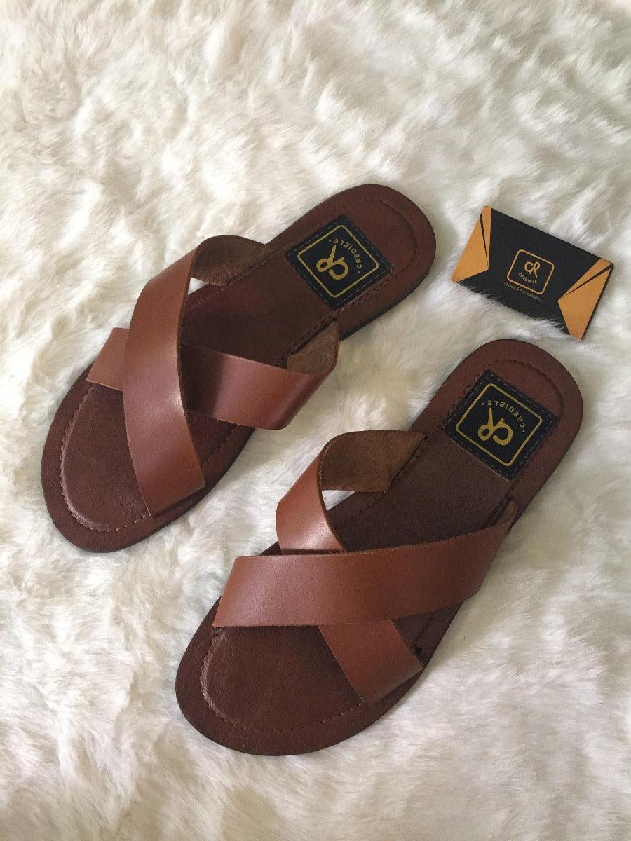 Tan X Strapped Leather Slippers Brown - Obeezi.com