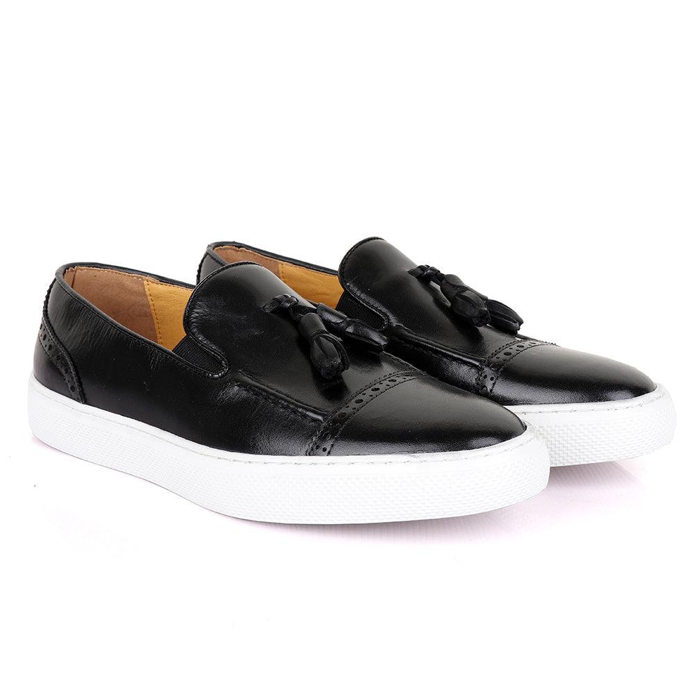Terry Taylor Black Leather Tassel Sneaker Shoe - Obeezi.com