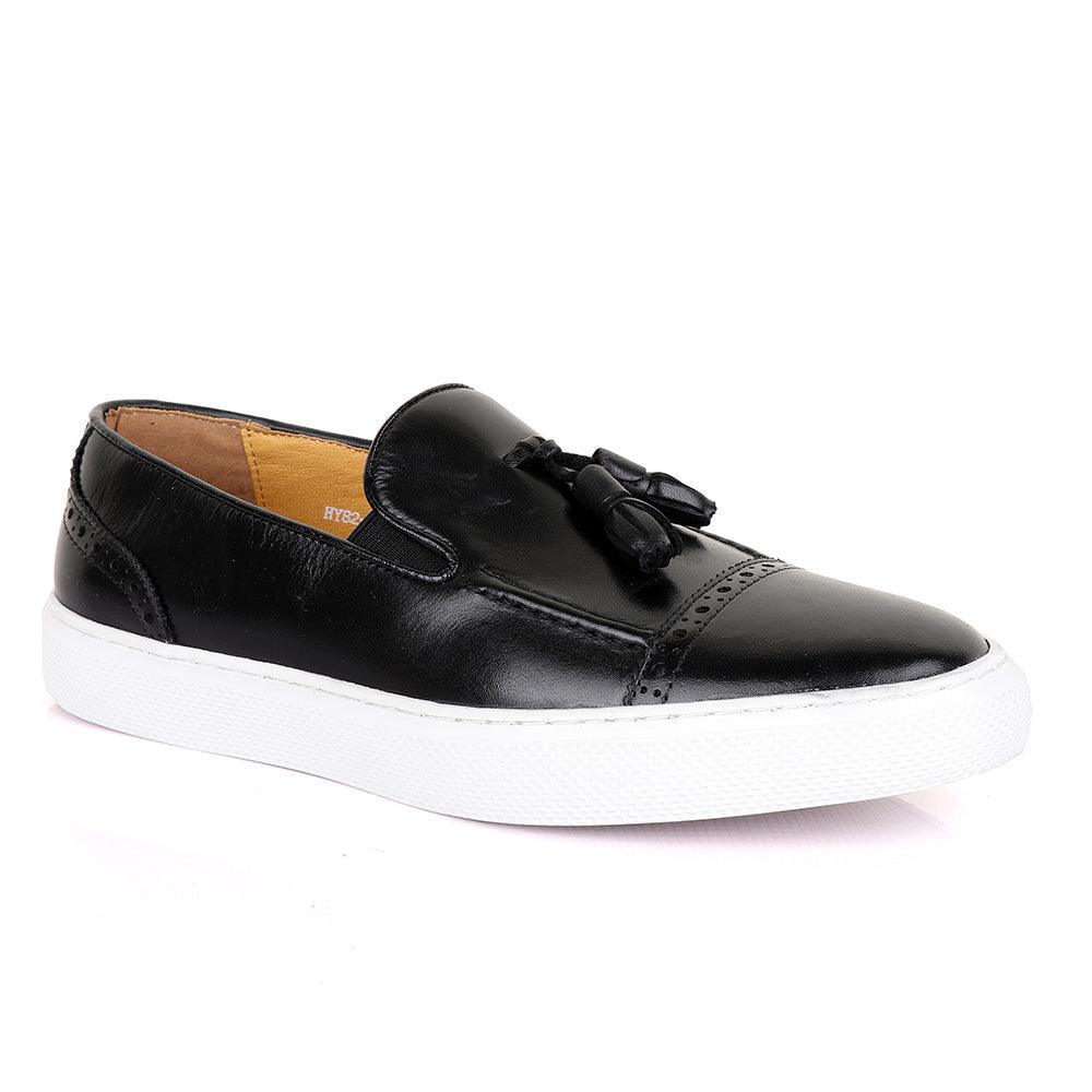 Terry Taylor Black Leather Tassel Sneaker Shoe - Obeezi.com