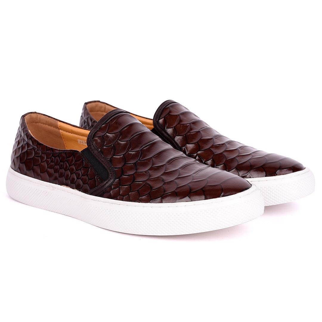 Terry Taylors Crocodile Skin Leather With White Sole Men's Sneaker Shoe- Coffee - Obeezi.com