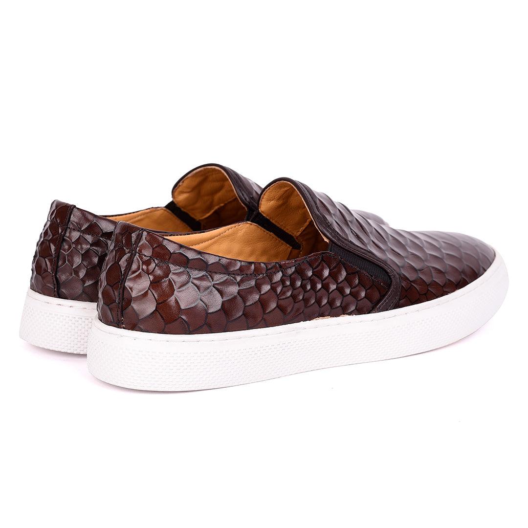 Terry Taylors Crocodile Skin Leather With White Sole Men's Sneaker Shoe- Coffee - Obeezi.com