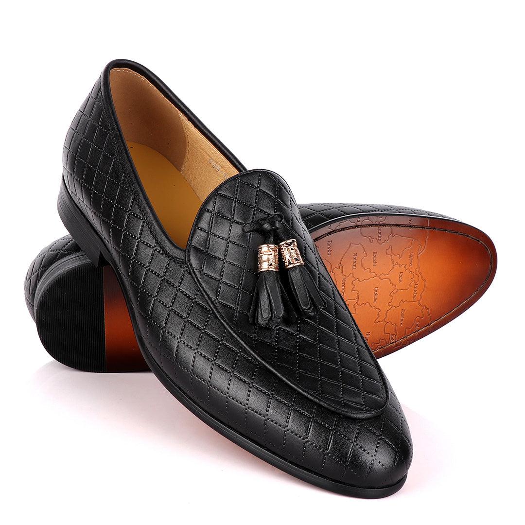 Terry Taylors Cross Patterned Black Double Tassel Formal Loafers - Obeezi.com