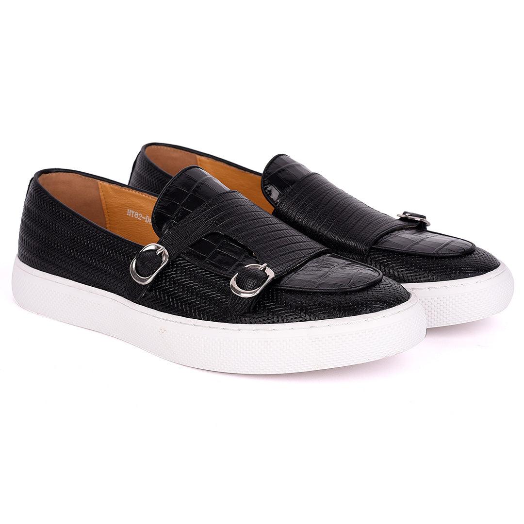 Terry Taylors Double Monk Croc Leather Men's Sneaker Shoe- Black - Obeezi.com