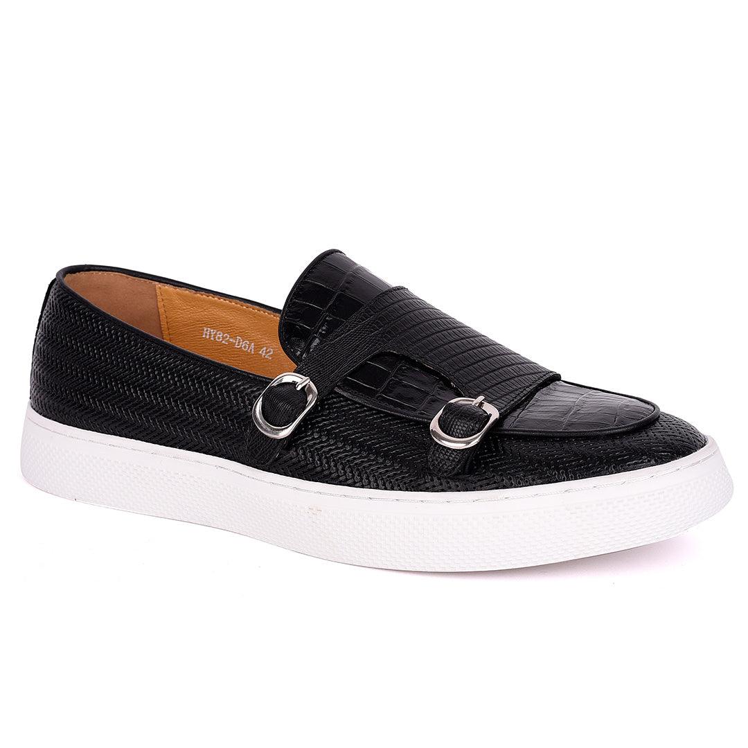 Terry Taylors Double Monk Croc Leather Men's Sneaker Shoe- Black - Obeezi.com