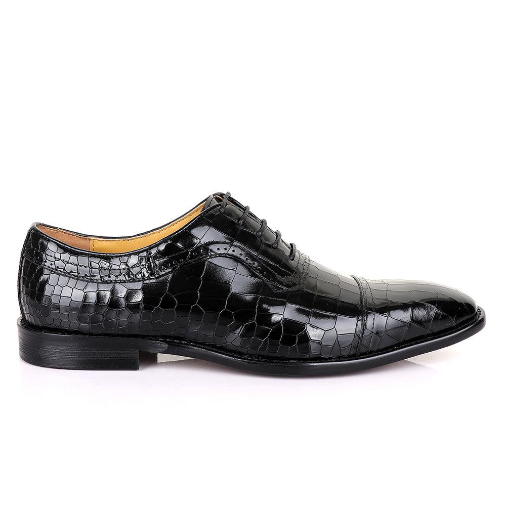 Terry Taylors Glossy Laceup Croc Black Leather Shoe - Obeezi.com
