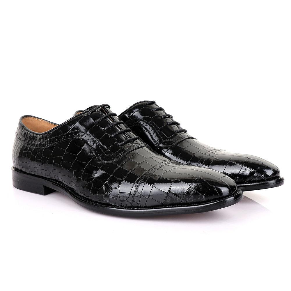 Terry Taylors Glossy Laceup Croc Black Leather Shoe - Obeezi.com