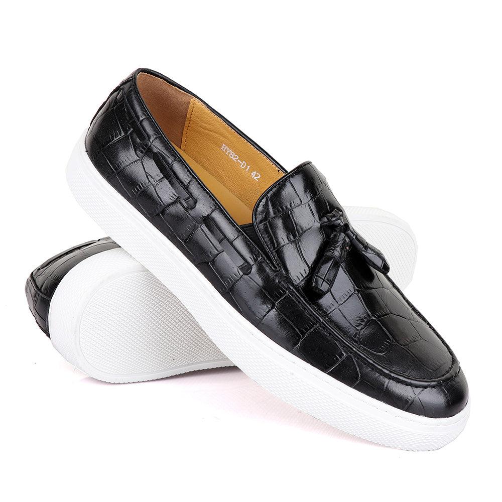 Terry Taylors Side Lace Black Tassel Leather Sneaker Shoe - Obeezi.com