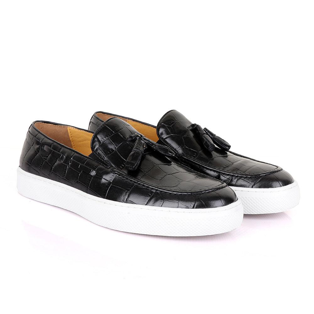 Terry Taylors Side Lace Black Tassel Leather Sneaker Shoe - Obeezi.com