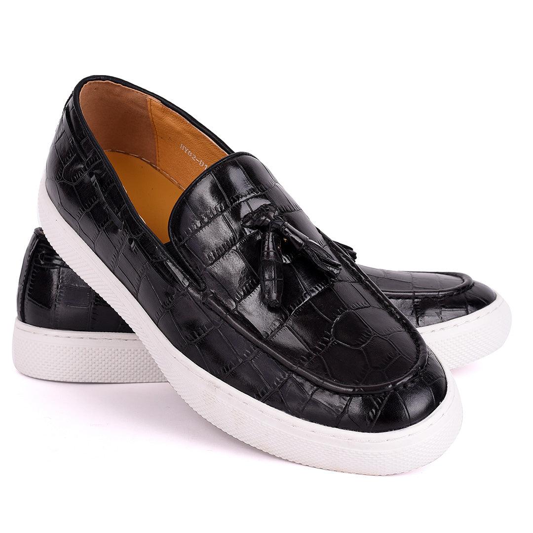 Terry Taylors Tassel Black Crocodile Skin Leather Men's Sneaker Shoe - Obeezi.com