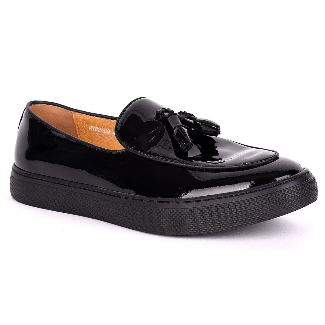 Terry Taylors Tassel Designed All Black Glossy Leather Men's Sneaker Shoe - Obeezi.com