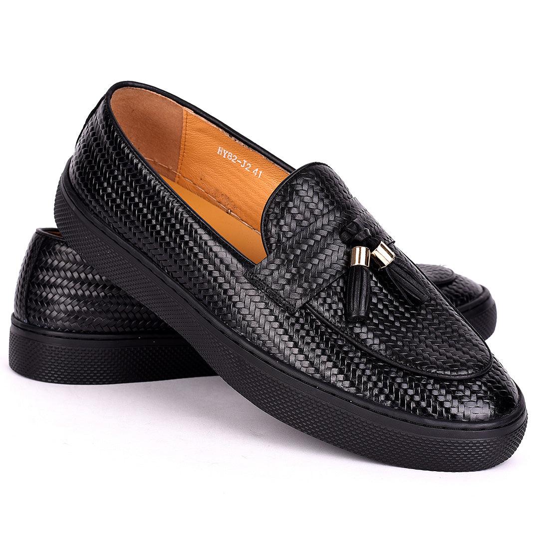 Terry Taylors Tassel Designed All Black Interwoven Leather Sneaker Shoe - Obeezi.com