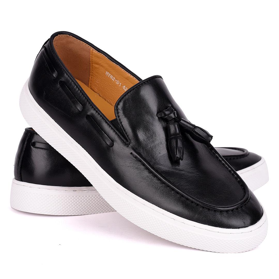 Terry Taylors Tassel With Side Lace Designed Black Leather Sneaker Shoe - Obeezi.com