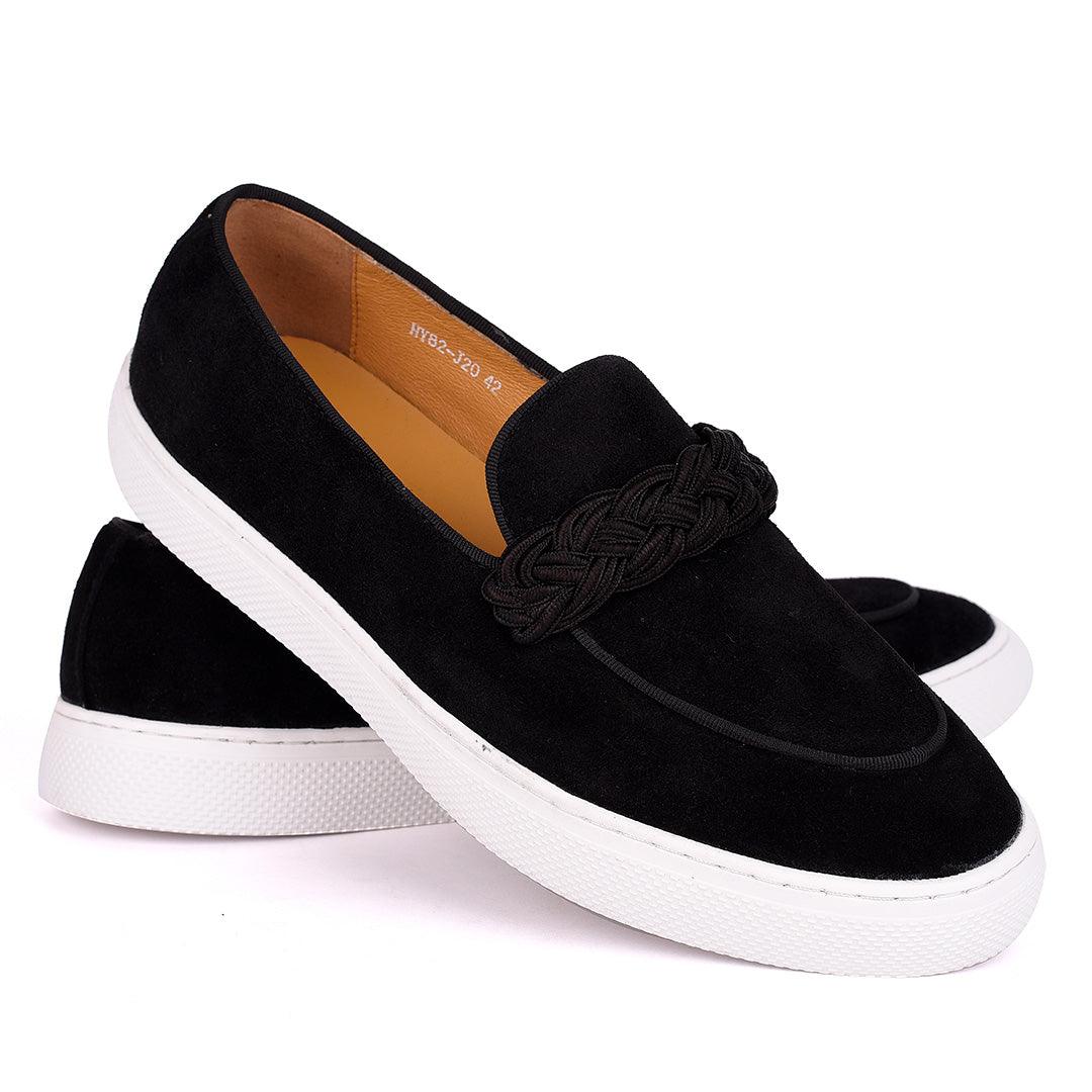 Terry Taylors Twisted Woven Strap Black Suede Leather Men's Sneaker Shoe - Obeezi.com