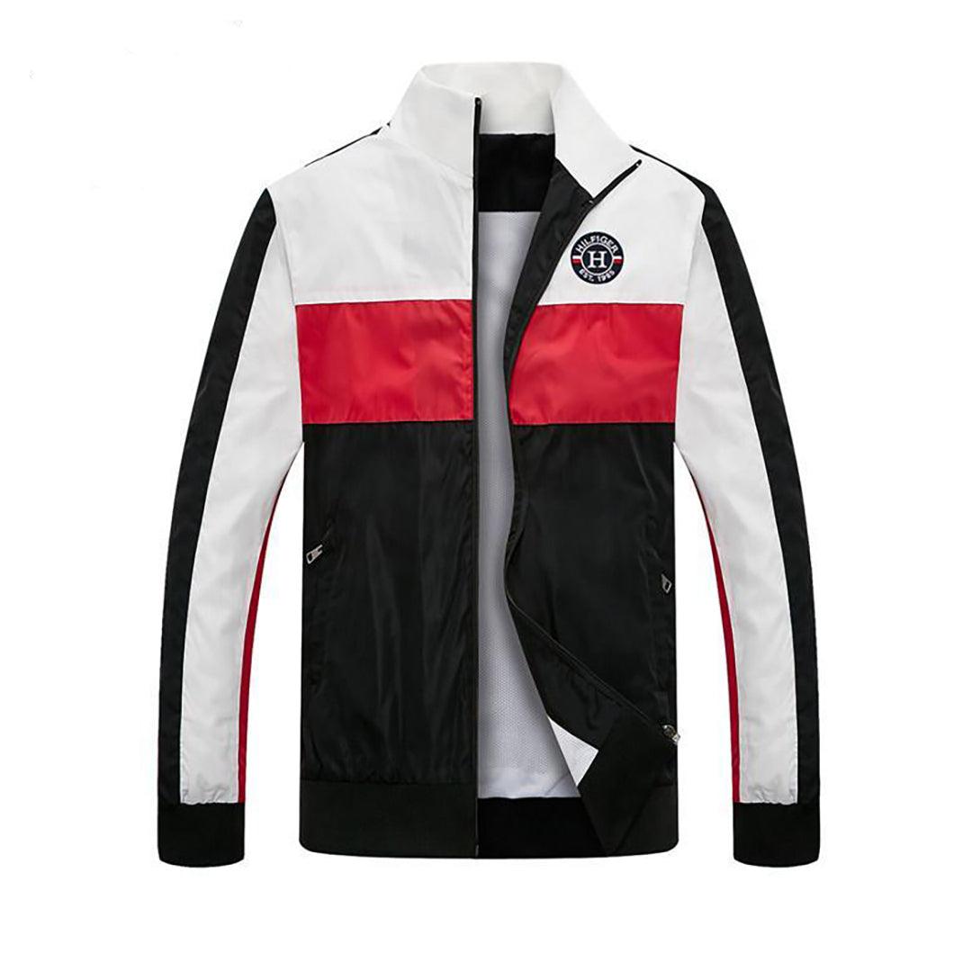Tom Color Block Designed Round Logo Zip Down Jacket-White Red Black - Obeezi.com