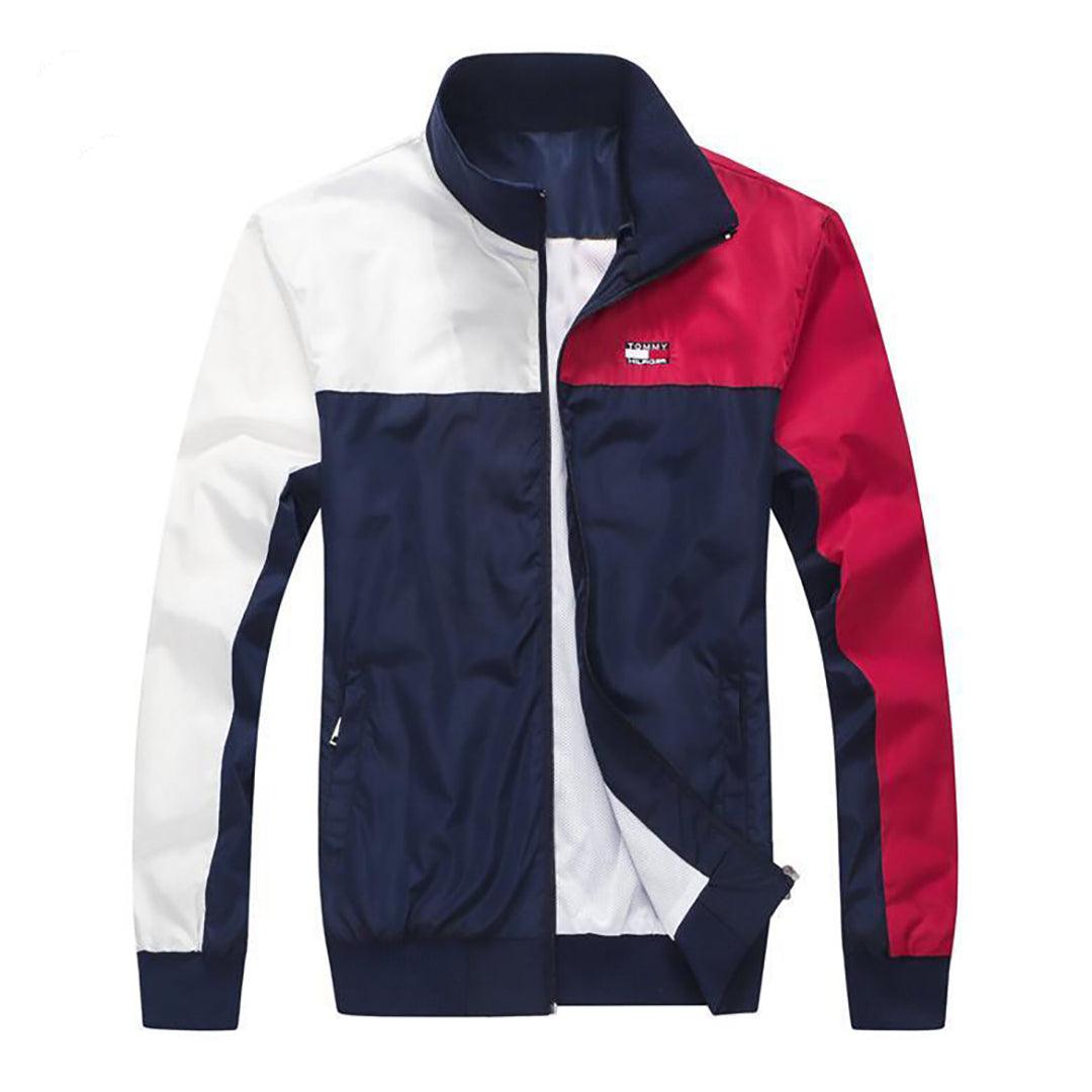 Tom Lightweight Blocked Color Full Zip Down Jacket-White Red Navy Blue - Obeezi.com