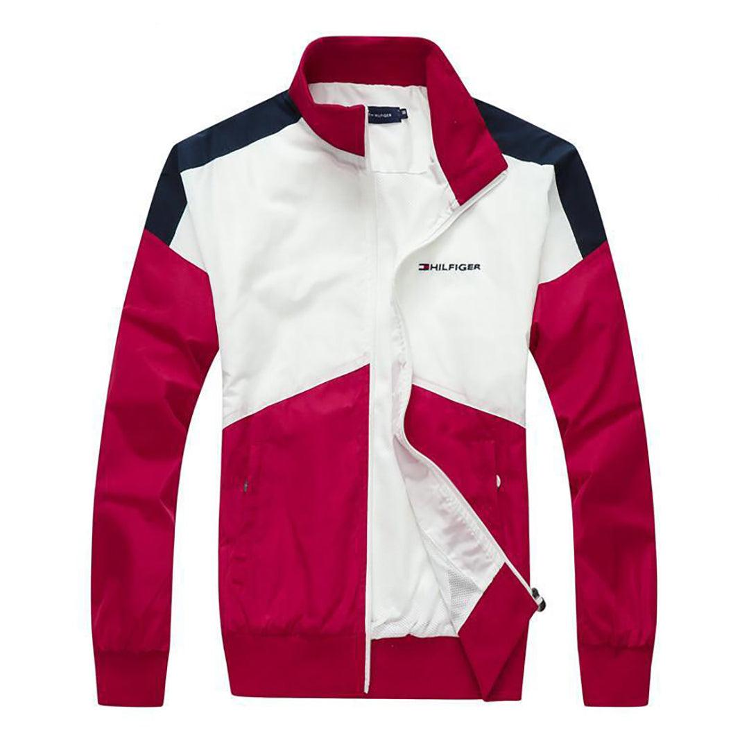 Tom Pop Over Windbreaker Zip Down Jacket-White Red - Obeezi.com