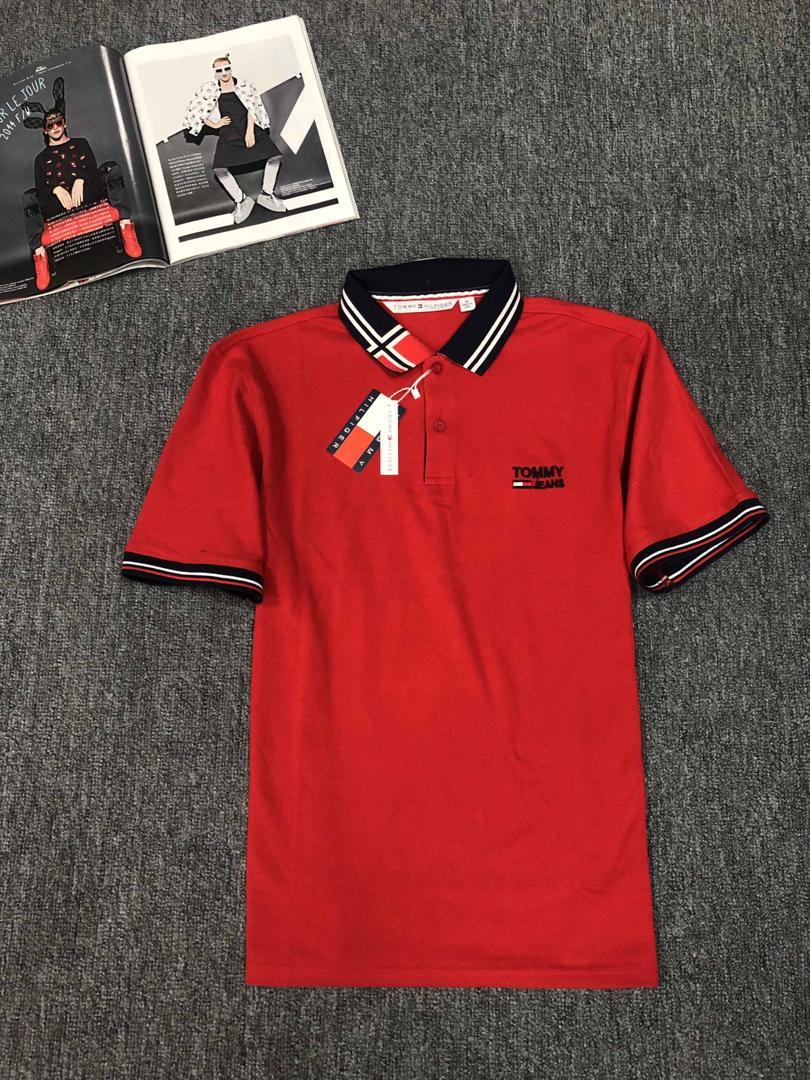Tommy Hilfiger Crested Design Plain Red with Striped Collar - Obeezi.com