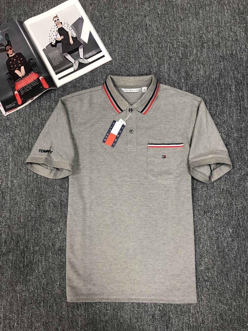 Tommy Hilfiger Custom Fit Crested Design Plain Grey with Striped Collar - Obeezi.com