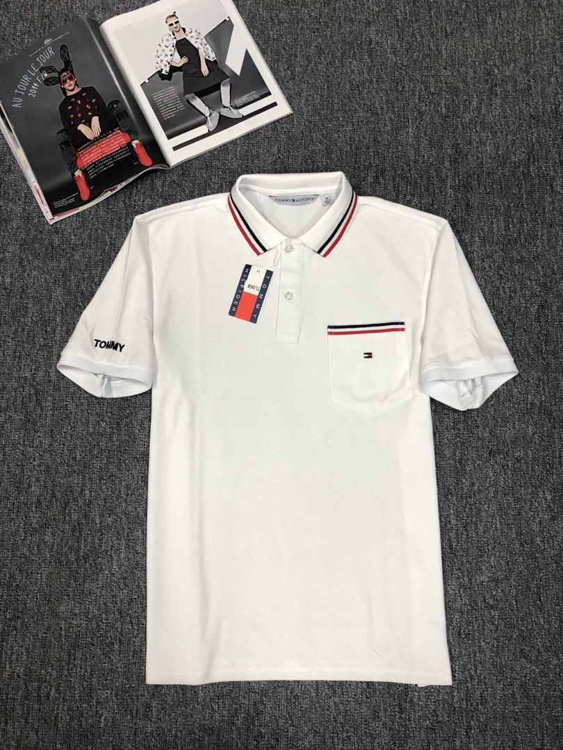 Tommy Hilfiger Custom Fit Crested Design Plain White with Striped Collar - Obeezi.com