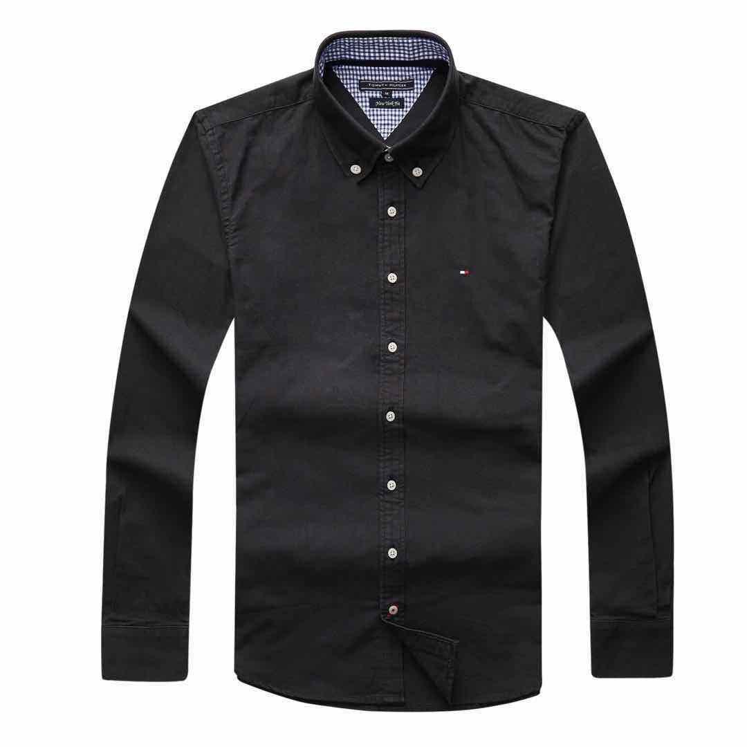Tommy Hilfiger Pure Cotton Plain Fitted Long Sleeve Shirt- Black - Obeezi.com
