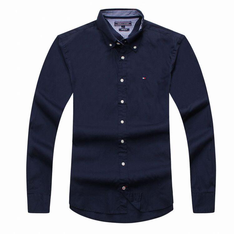 Tommy Hilfiger Pure Cotton Plain Fitted Long Sleeve Shirt- NavyBlue - Obeezi.com