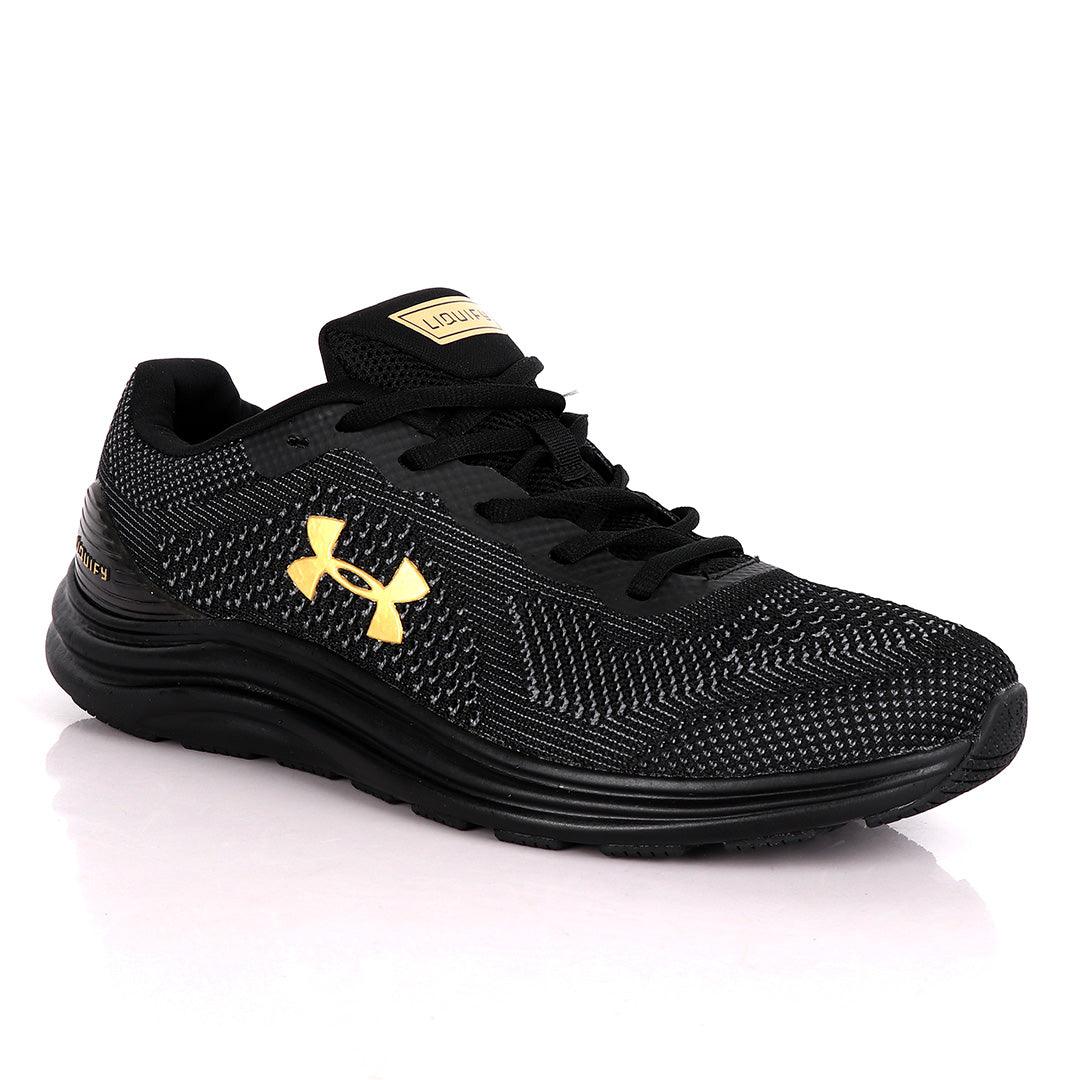 UA Charged Spark Black With Gold Logo Design Sneakers - Obeezi.com