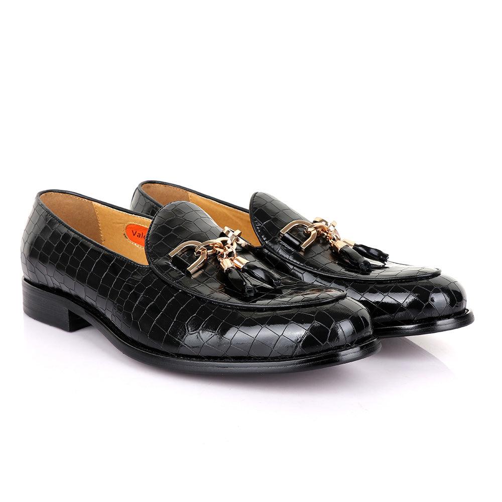 Valentino Classic Croc Chain Tassel Black Leather Shoe - Obeezi.com