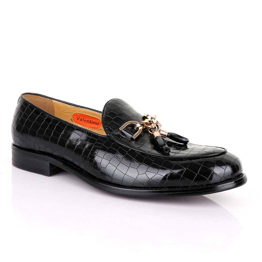 Valentino Classic Croc Chain Tassel Black Leather Shoe - Obeezi.com