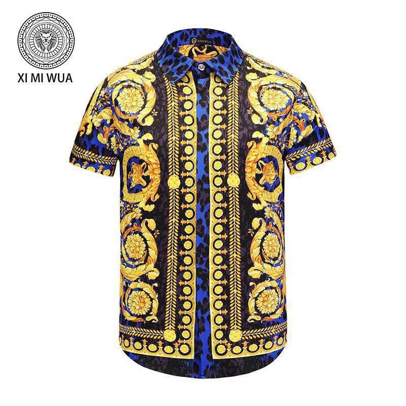VE Vintage Fit Blue Yellow & Tiger Skin Print Men's short sleeve Shirt - Obeezi.com