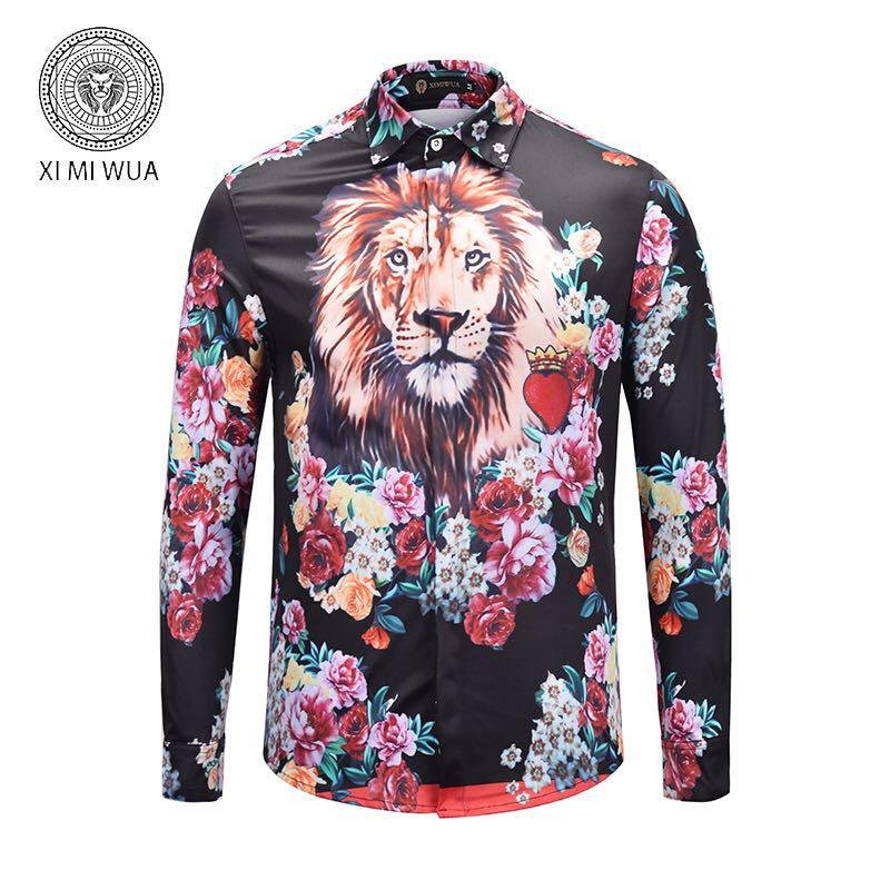 VE Vintage Lion Head Printing Flower Multicolor Men's Long Sleeved Shirt - Obeezi.com