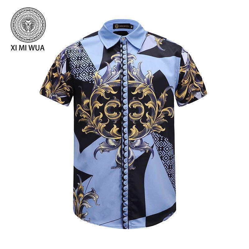 VE Vintage Men"s Royal Blue Black Camouflage Print Silk Shortsleeve Shirt - Obeezi.com