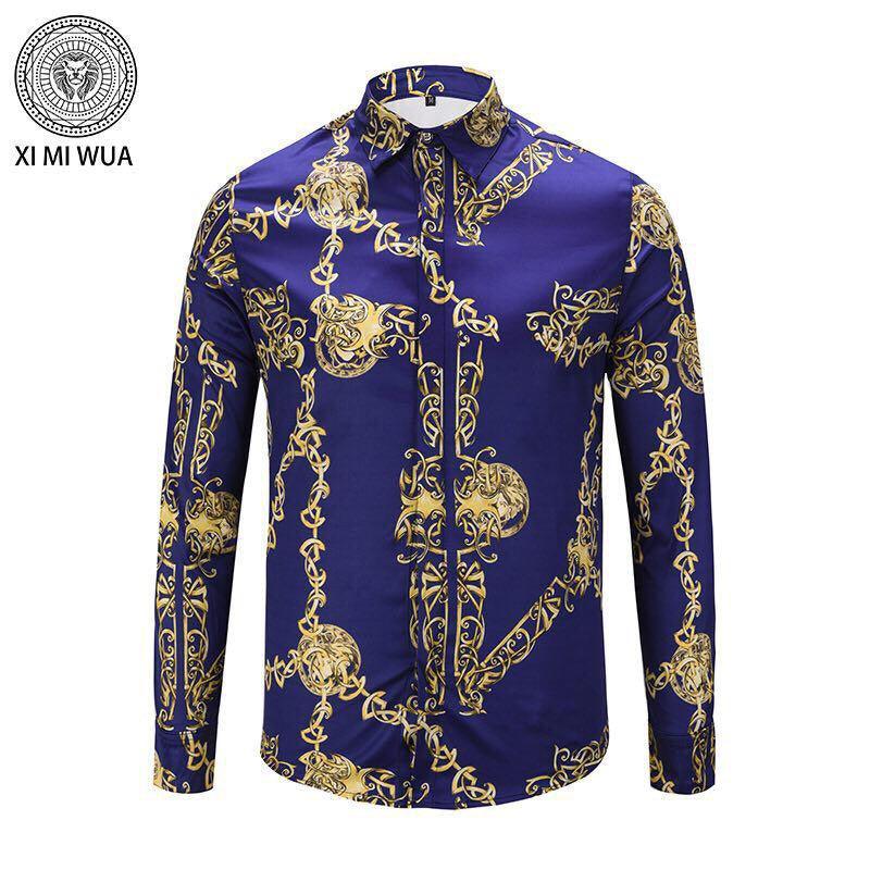 VE VINTAGE Men's Style Silk Print Blue Yellow Shirt - Obeezi.com