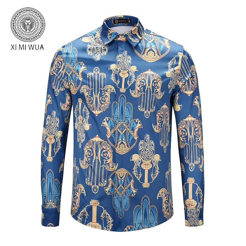 VE Vintage Printing Blue Gold Men's Long Sleeved Shirt - Obeezi.com