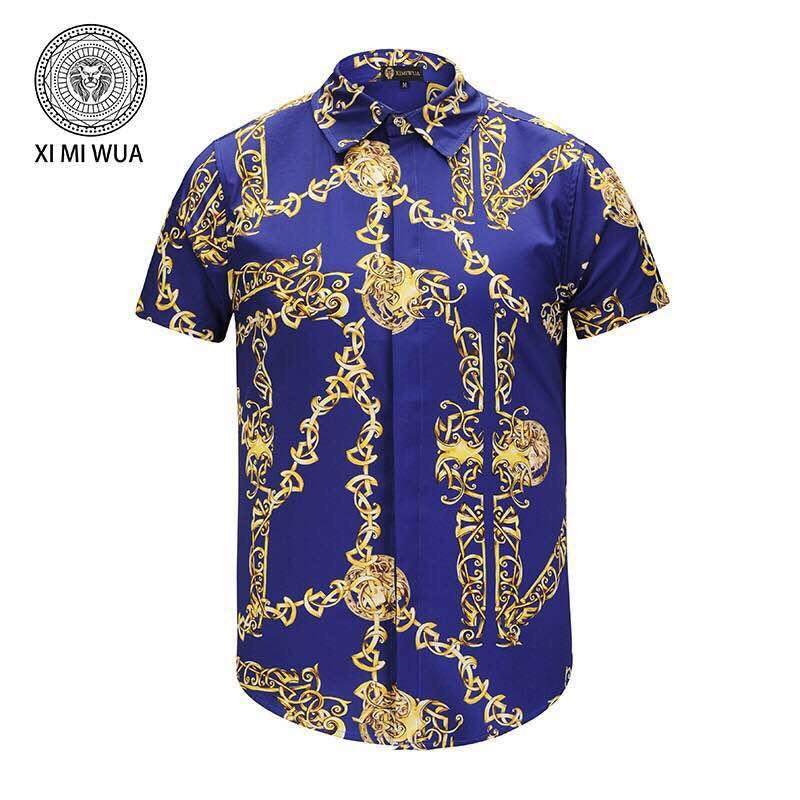 VE VINTAGE Silk Print Blue Yellow Men's short sleeve Shirt - Obeezi.com