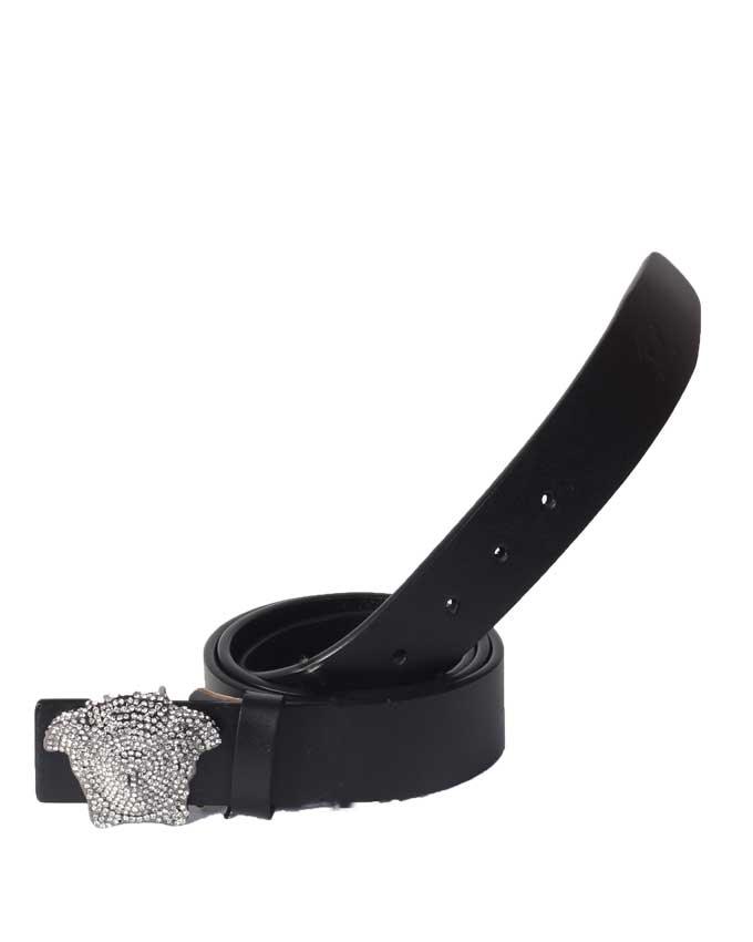 Versace Crystal 3D Medusa Patent Leather Belt - Black - Obeezi.com