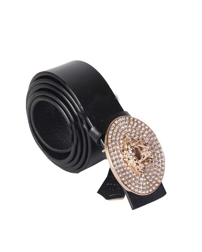 Versace Crystal Clustered Medusa Head Gold Oval Buckle Belt - Obeezi.com