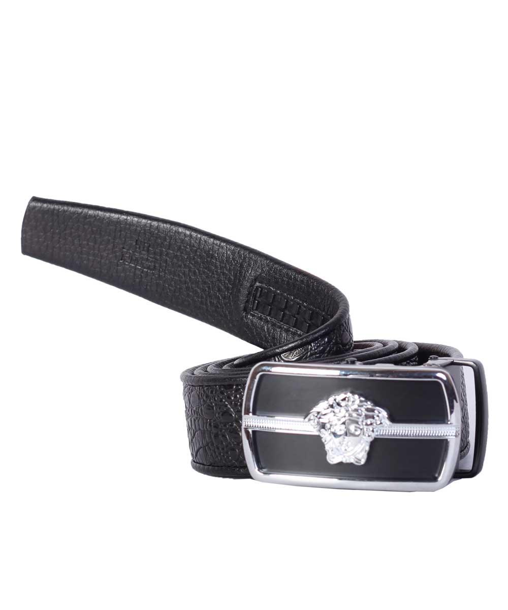 Versace Stylish Black Silver Medusa Logo Leather Belt - Obeezi.com